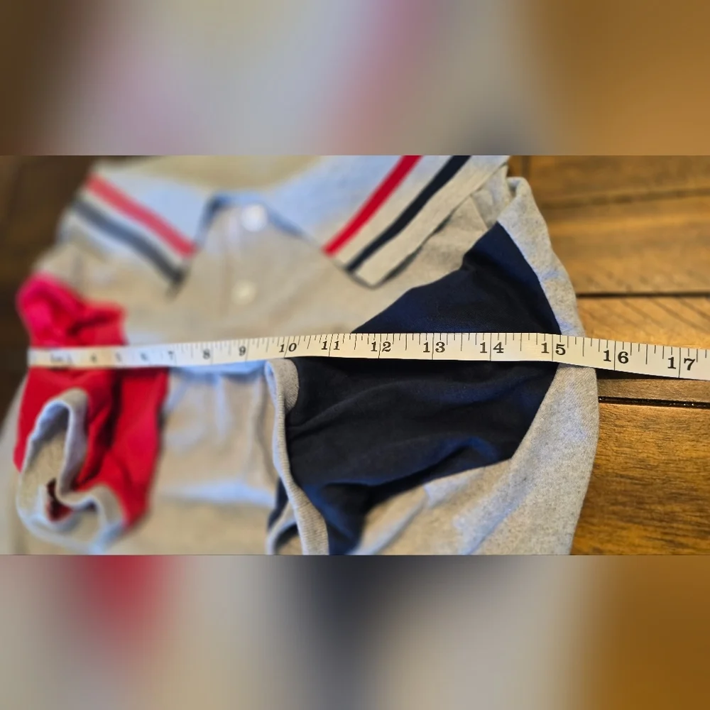 Stylish Gray Dog Polo Shirt with Red and Blue Accents